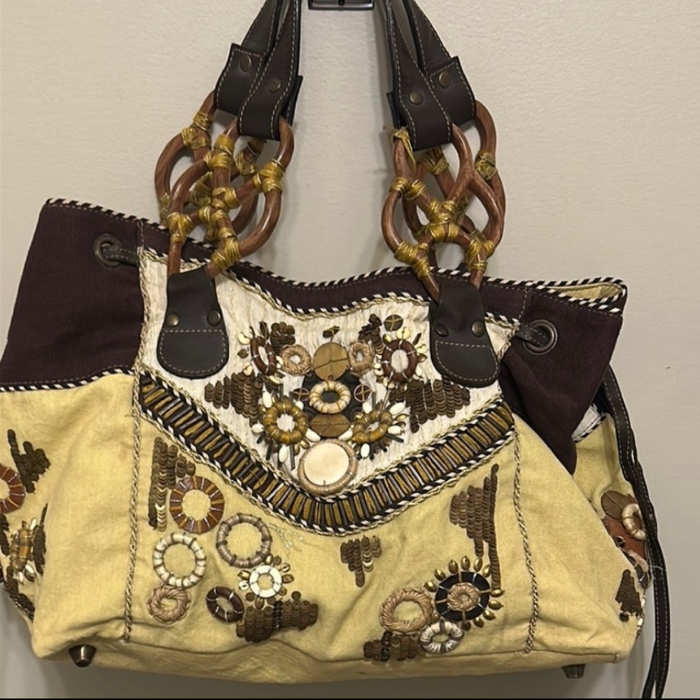 Anthropologie Yellow and Brown Embroidered Tote Vintage look gently Pre Loved - Picture 10 of 10